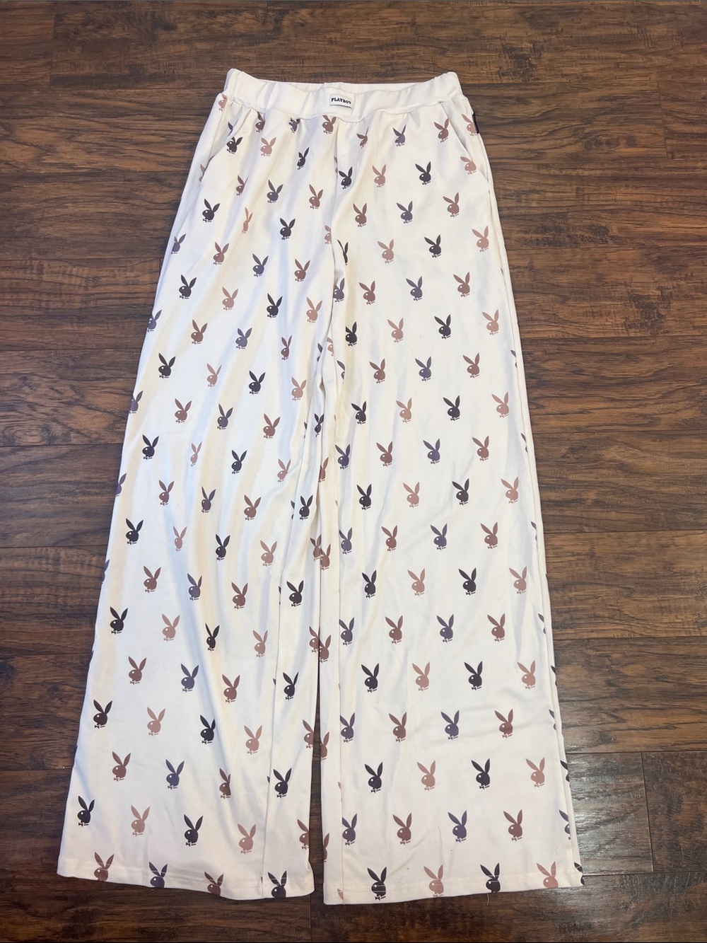 PLAYBOY White Wide-Leg Pajama Pants with Brown & Black Bunny Print
